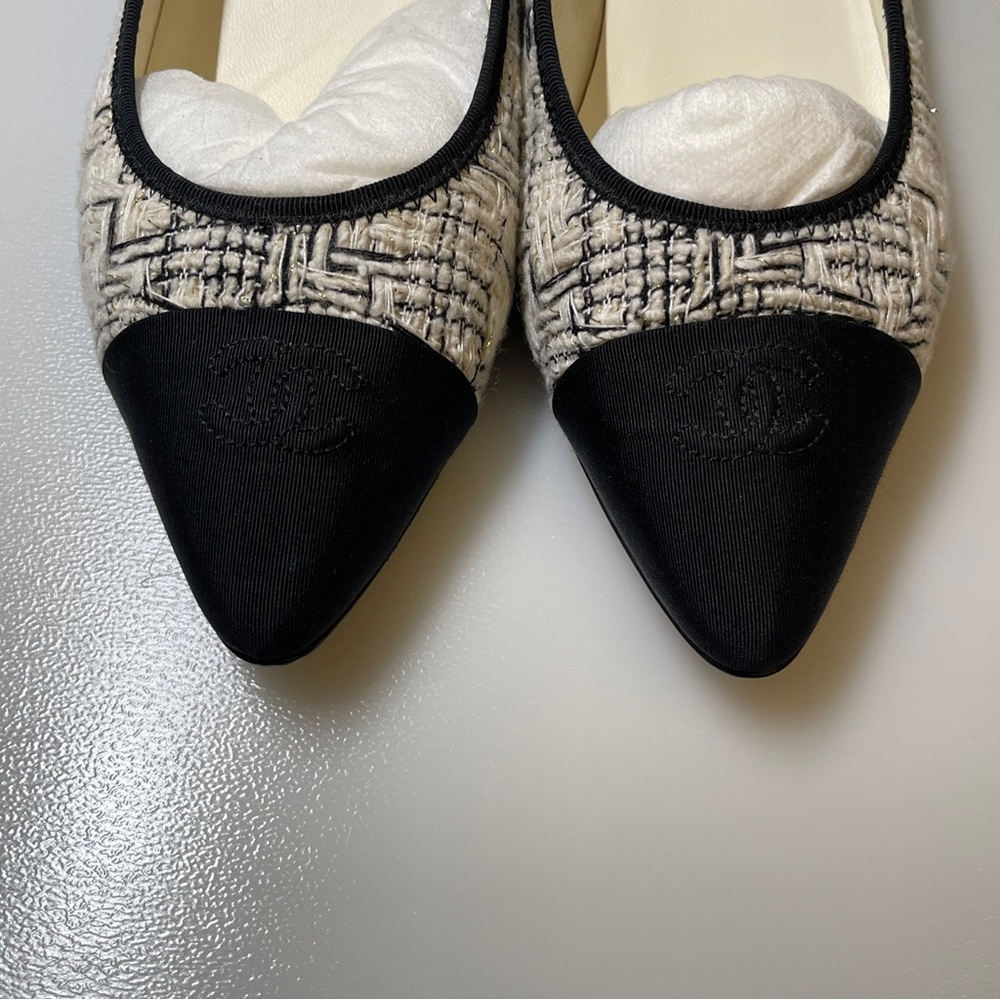 Chanel Chain Link Heel tweed CC Ballerinas flat black white size 39women - Picture 3 of 12